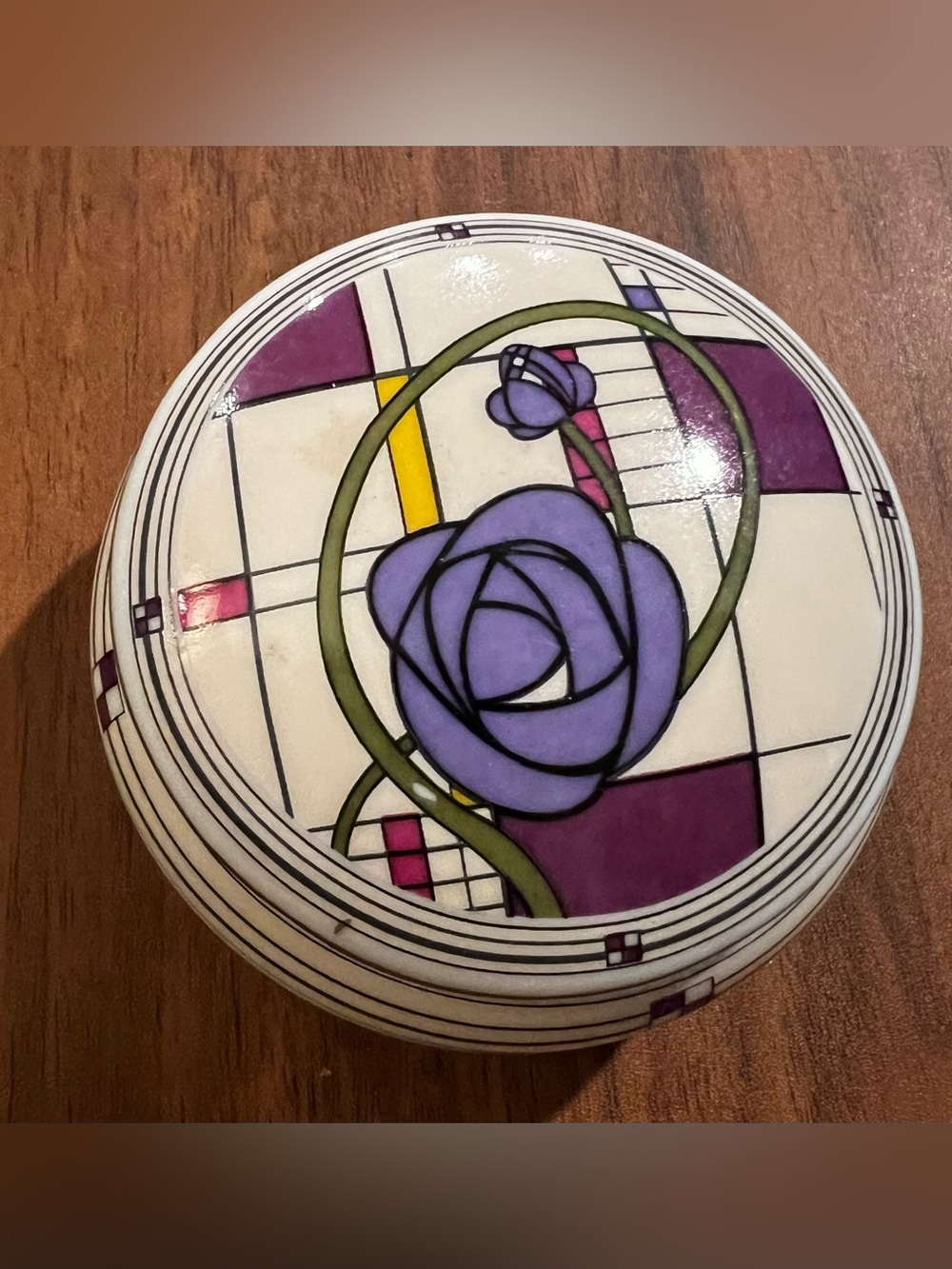Vintage Charles Rennie Mackintosh ceramic trinket box Glasgow rose Art Nouveau